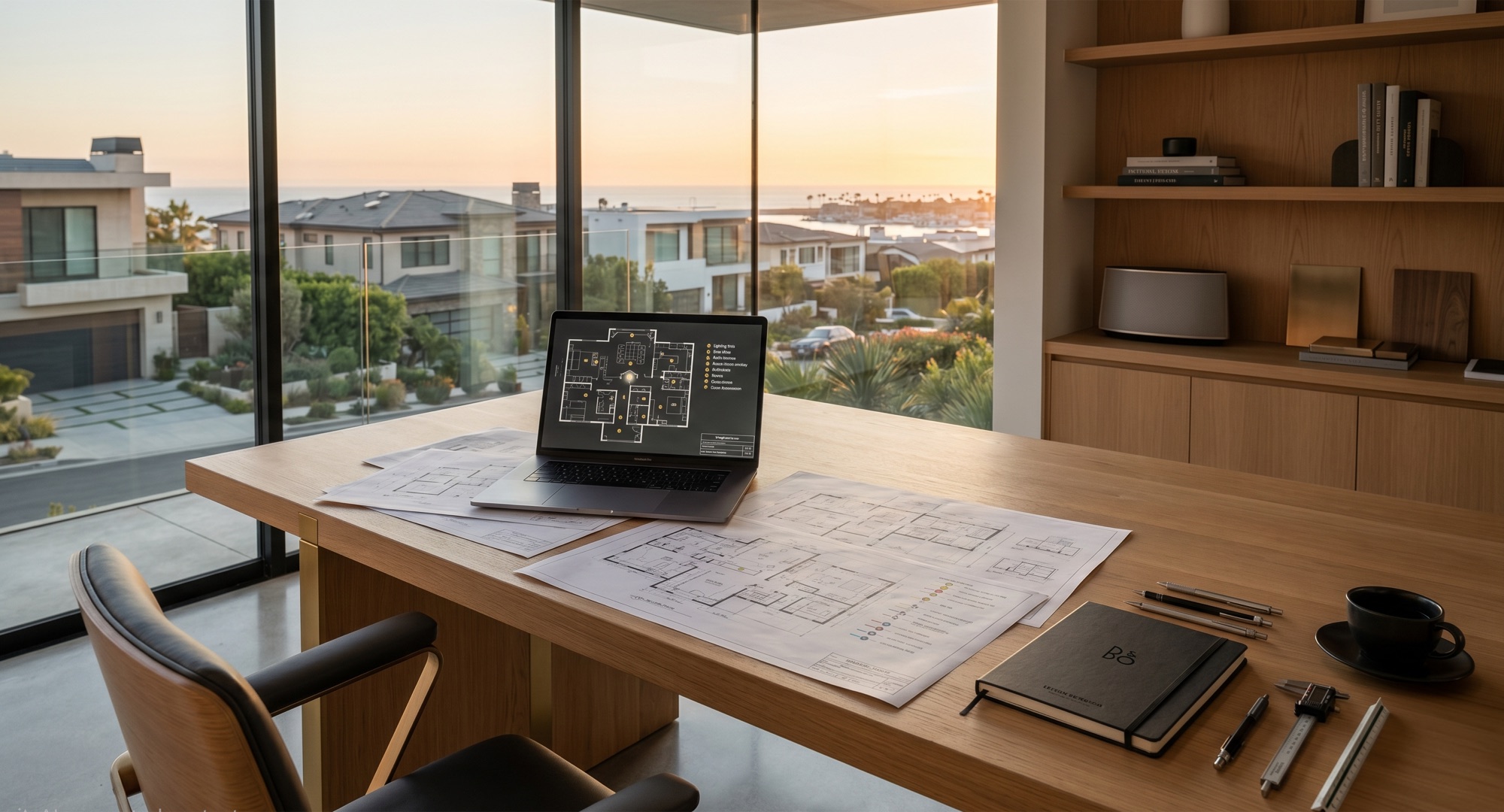 Loxera design desk with estate floor plans and system schematics overlooking the coast