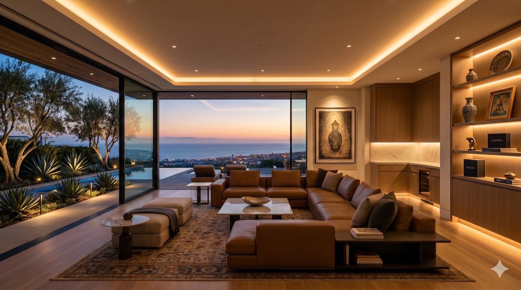 Living room at dawn with automated cove lighting warming as motorized shades reveal the coastline