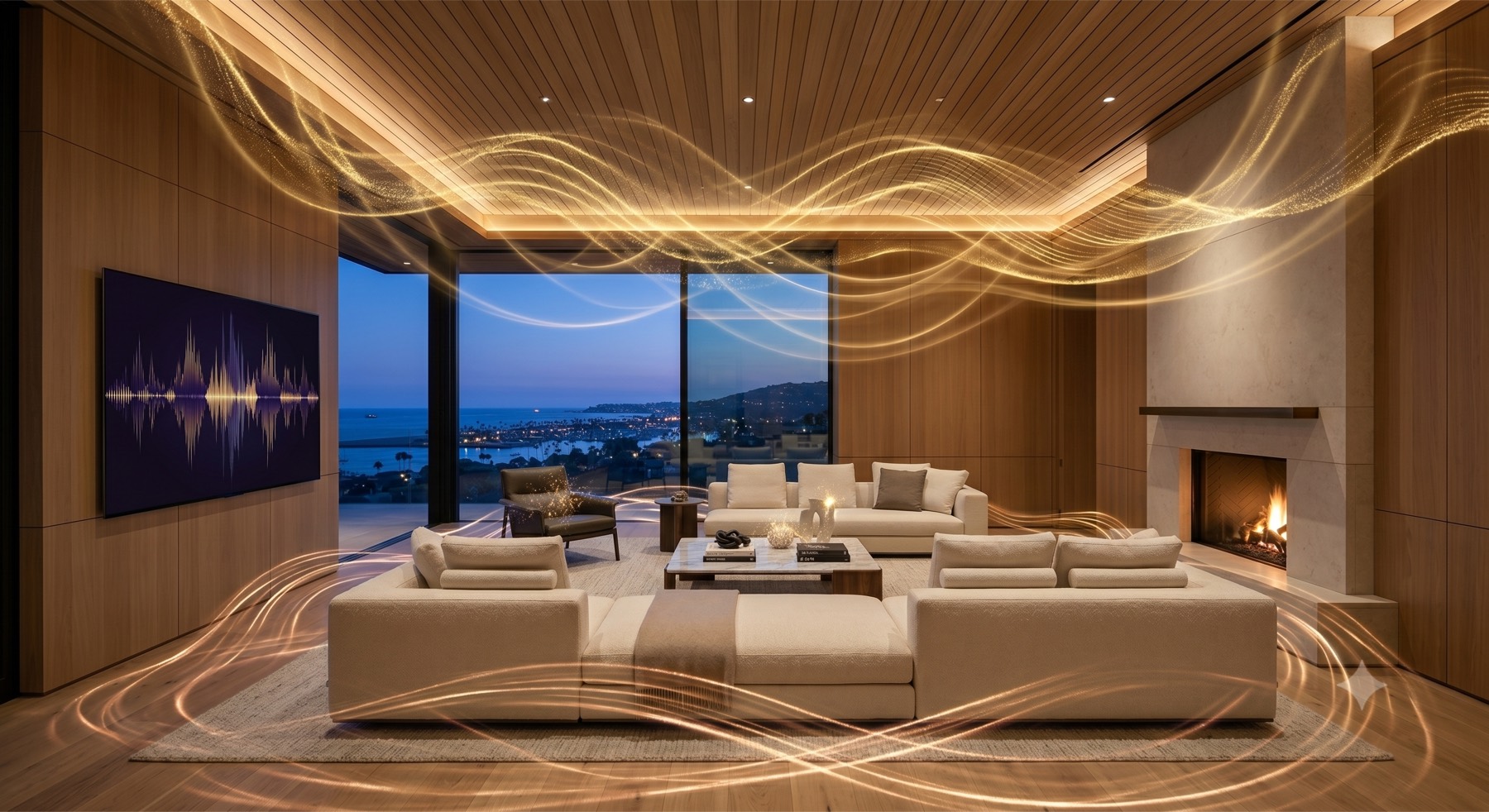 Living room transformed into a private cinema with audio and lighting flowing through the space